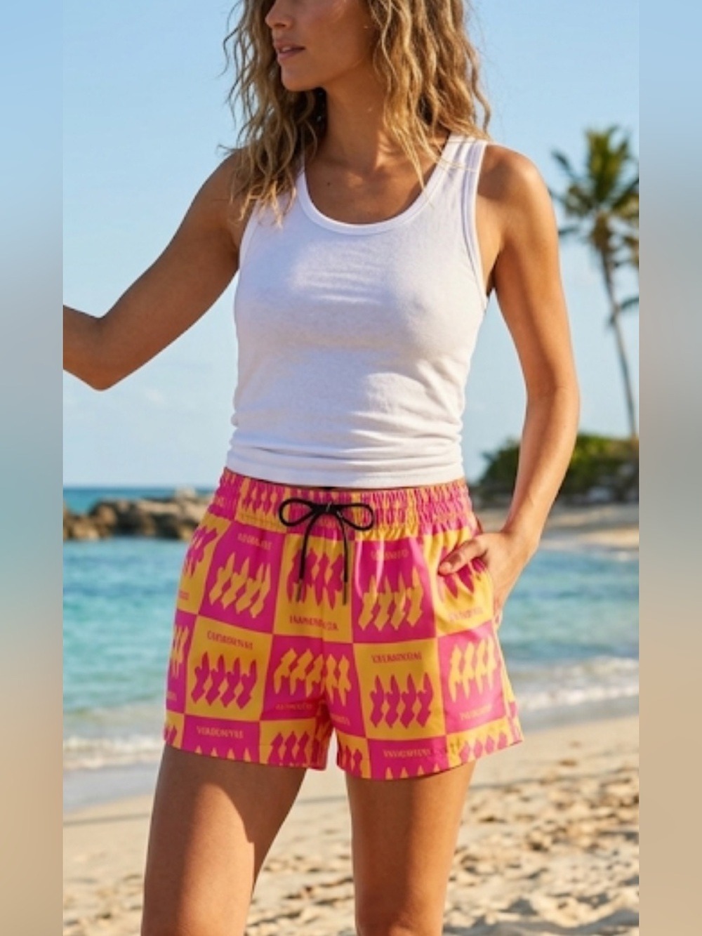 iNAMORATA Solana Pink & Yellow Checkerboard surf/swim Shorts Size M NWOT